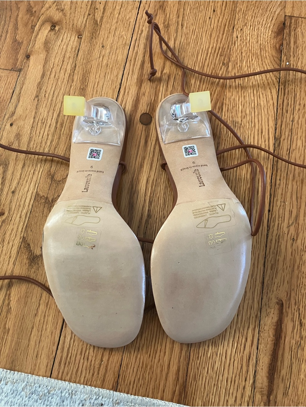 Larroude Gloria Clear Heel Sandals Brown Leather Vinyl Tie Ankle Straps - Picture 7 of 7